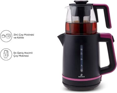 Чайник Karaca Maxi Tea XL 2-в-1 зі скляним чайником та заварником, чайник 1,25 л, резервуар для води 2,3 л, 1700 Вт, основа, що обертається на 360, скляне ситечко для чаю, функція автоматичного підігріву (малина)