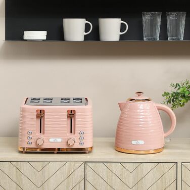 Набір для сніданку HOMCOM Kettle Toaster Set з чайником 1,7 л, тостером на 4 скибочки, 2200 Вт, 7 рівнів підрум&39янення, розморожуванням, розігрівом та лотком для крихт, термостатом Otter, кремово-білим (рожевим)