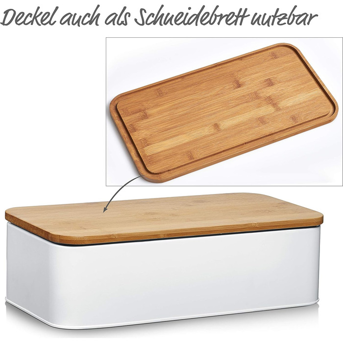 Хлібниця Zeller 25377 з бамбуковою кришкою, метал, матовий, приблизно 42,5 x 23 x 13 см, хлібниця з вентиляційними отворами, для зберігання хліба, прямокутний контейнер для хліба, проста хлібниця в сучасному дизайні (біла, 42,5 x 23 x 13 см)