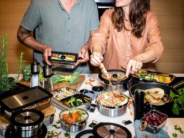 Кришка RSLE FLEXX 2GO з нержавіючої сталі з затискачами для ланч-боксу, силіконовий обідок, герметична, силіконовий клапан, сріблясто-чорна, срібляста (кругла з нержавіючої сталі, кругла 1,4 л)