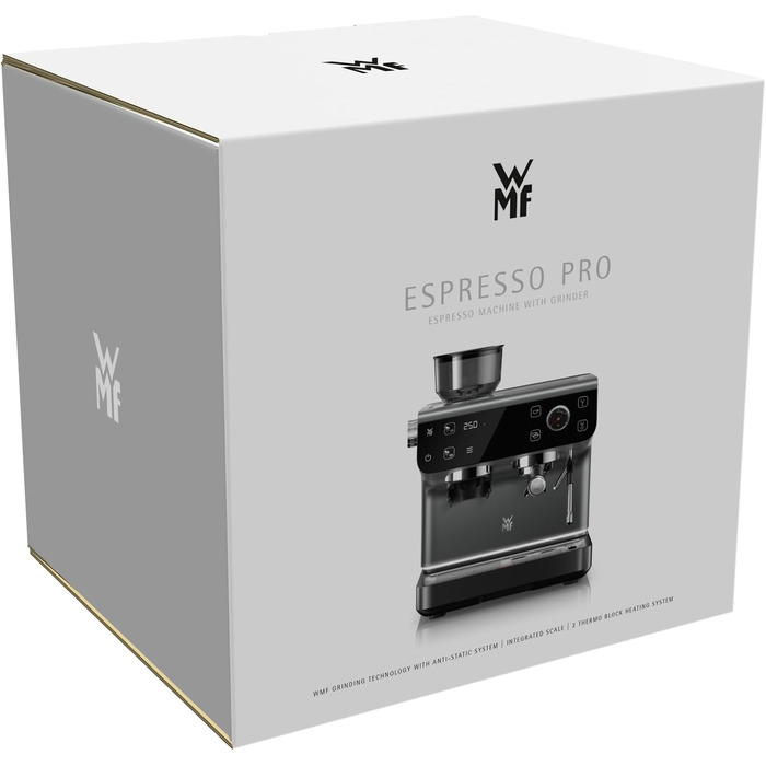 Портафільтрова кавоварка WMF Espresso Pro, напівавтоматична еспресо-машина з кавомолкою, тиск 15 бар, вбудована вага, технологія подвійного термоблоку, швидке нагрівання, колір сірий камінь