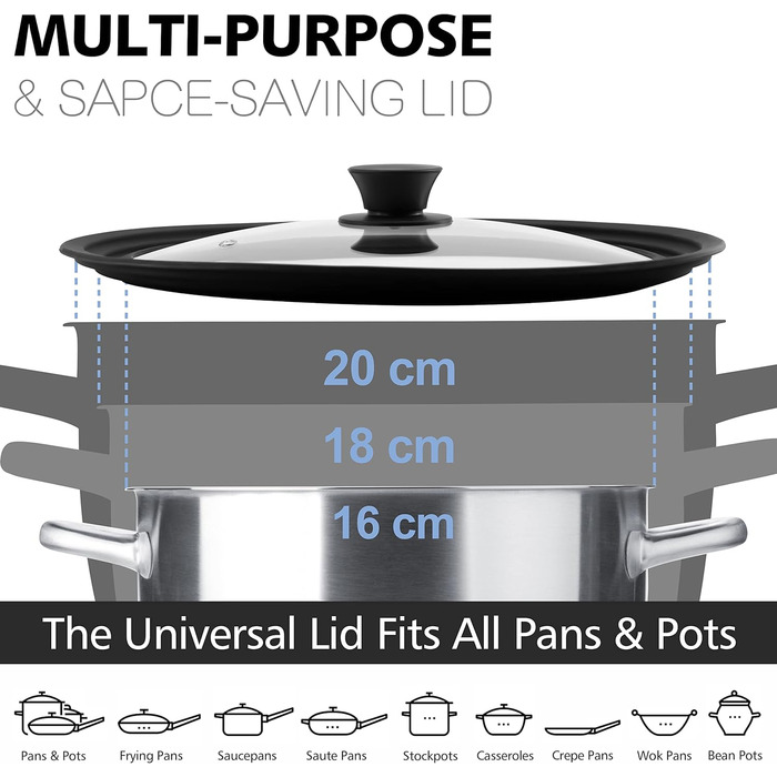 Силіконові універсальні кришки Anaeat для каструль, сковорідок та сковорідок загартоване скло з термостійким силіконовим обідком, підходить для посуду діаметром 16 см, 18 см та 20 см змінні кришки (16 см, 18 см та 20 см)