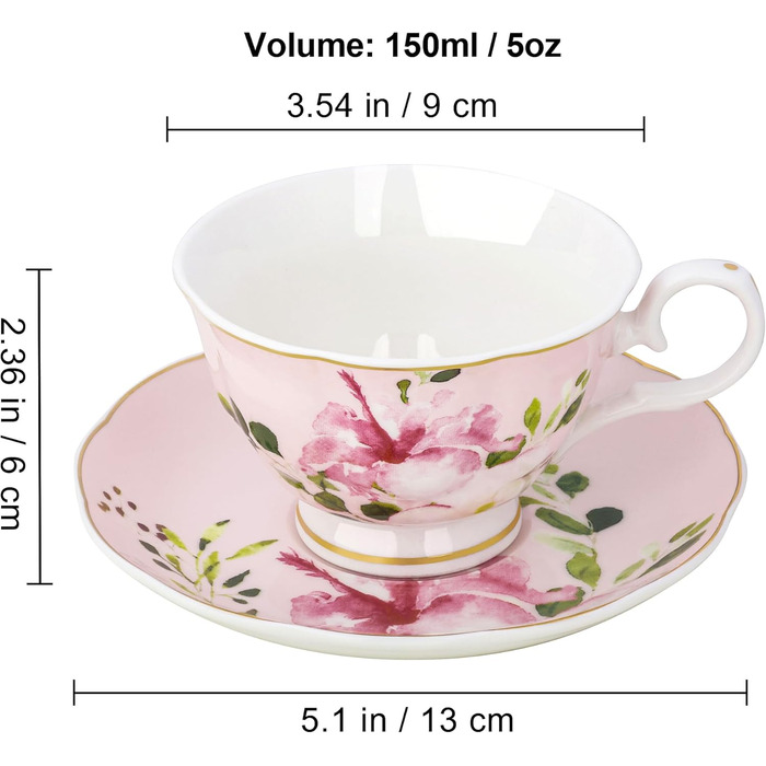 Чайні чашки з блюдцями Fanquare з квітковим візерунком, набір з 6 шт. , різноманітні порцелянові кавові чашки з пастельними квітковими принтами та золотим обідком, придатні для миття в посудомийній машині та заморожування, рожеві та блакитні
