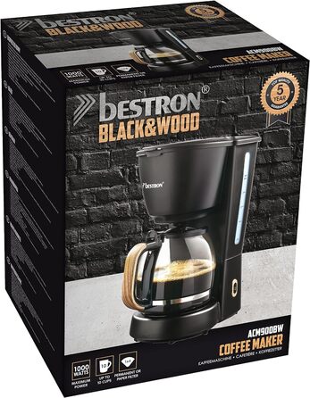 Кавомашина з фільтром Bestron на 8 чашок кави, кавомашина з термоглечиком об'ємом 1 літр, з постійним фільтром і автоматичним вимкненням, 900 Вт, колір (чорний / дерево)