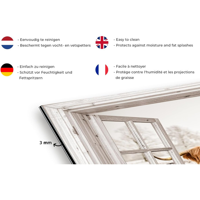 Панель кухонного фартуха, бризкозахисна панель, декор для кухні, алюмінієва панель, бризкозахисна панель для плити, альтернатива скляній панелі, чорна - з малюнком - суцільна - чорна - темна - (вид з вікна на шотландську високогірну худобу, 100x65 см)