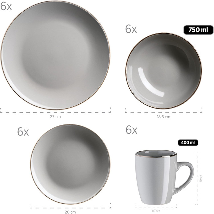 Современный набор посуды на 6 персон с ободком цвета латуни, комбинированный набор из 24 предметов с безободковыми формами купе, керамогранит, серый 24 предмета серый