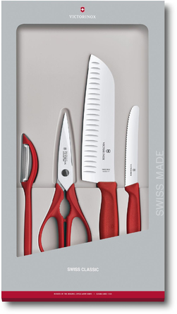 Набір кухонний Victorinox SwissClassic Kitchen Set 4шт з черв. ручкою (2 ножа, ножиці, овочечистка) у подар.упак.