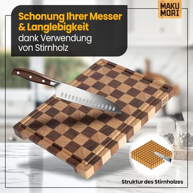 Премиум разделочная доска из цельного дерева, торцевая (End Grain) 40x29x3 см из карбонизированной акации, сертифицирована FSC, с ножками, желобком для сока и удобными ручками (двухцветная)