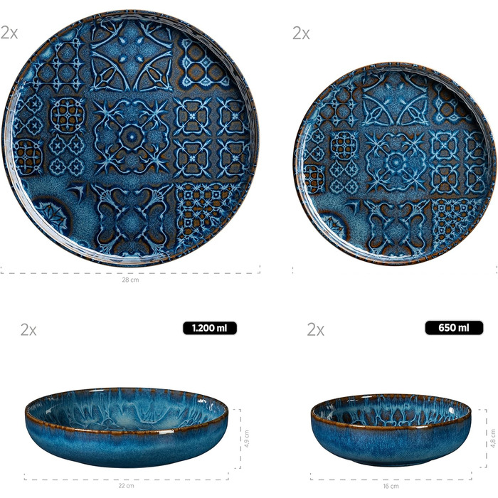 Сучасний вінтажний набір посуду на 2 персони в мавританському дизайні, столовий сервіз з 8 предметів з тарілками та мисками з високоякісної кераміки, керамограніту, (скандинавська форма, синій), 935079 Series Tiles