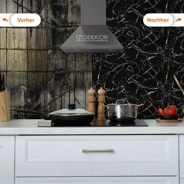 Стінові панелі IZODEKOR під мармур 60x120 см Панель для кухонного фартуха ПВХ-облицювання стін для кухні, ванної кімнати Бризкозахисний екран для кухні Водонепроникний та термостійкий (4 панелі 4 монтажних клею, чорно-білий)