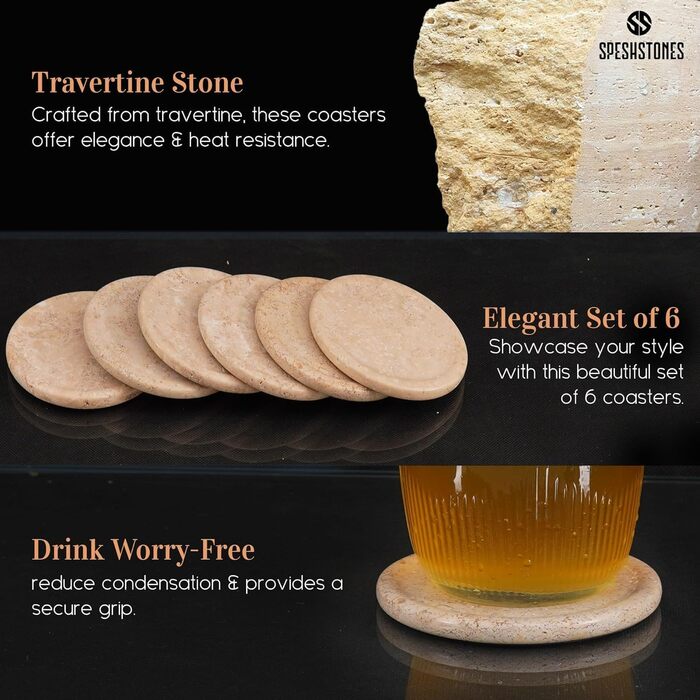 Підставки під напої з мармуру, зелені, 8.9 см, круглі кам'яні підставки для кави, чаю та інших напоїв з тримачем. Ідеальні для кав'ярень, подарунків, обіднього столу та декору дому, набір з 6 шт. (Travertine-SS-RC)