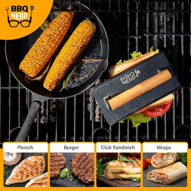 Чавунний прес для м'яса 21 x 11 см з дерев'яною ручкою, квадратний BBQ Nerd