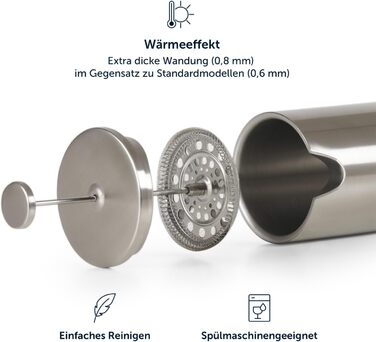 Френч-прес Blumtal з нержавіючої сталі 350 мл (2 чашки) - Двостінна ізольована термокавоварка з мірною шкалою, включаючи змінний фільтр та інструкцію, можна мити в посудомийній машині, доступна в 3 розмірах (кава 600 мл)