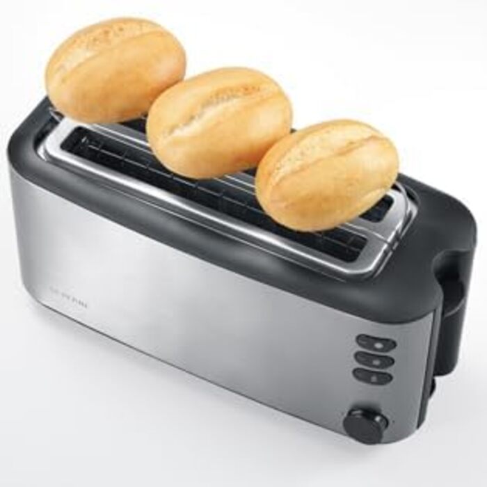 Автоматичний тостер SEVERIN з довгим слотом, тостер з насадкою для булочки, високоякісний тостер з нержавіючої сталі з великими камерами для обсмажування та потужністю 1400 Вт, матова нержавіюча сталь/чорний, AT 2509