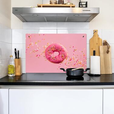 Фартух для плити, кухонний фартух, вініл, 78x52 см, декор для кухні, облицювання стіни, кришка для плити - сіро-чорна (пончик - рожева, 52Д x 81,2Ш см)