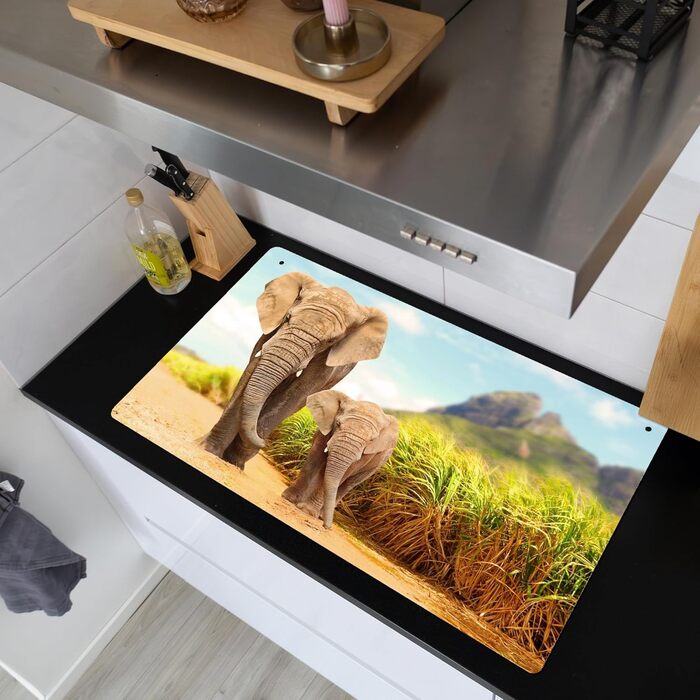 Фартух для плити, кухонний фартух, вініл, 78x52 см, декор для кухні, облицювання стіни, кришка для плити - сіро-чорна (слони - тварини, 52Д x 90Ш см)