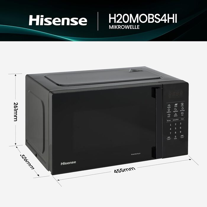 Мікрохвильова піч Hisense H20MOBP1HI / 700 Вт / InverterTech / Керамічне покриття / Преміальне скло / Виготовлена на замовлення, багатофазне приготування / Функція розморожування / 5 рівнів потужності / Блокування від дітей / Чорна (20 л, цифрове керуванн
