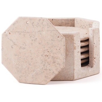 Підставки під чашки з мармуру з підставкою, 8.9 см, з оніксу, ручної роботи, для офісу, напоїв, кави та бару, на обідній стіл, набір з 6 шт. (Травертин)