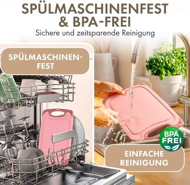 Набір обробних дощок Blumtal 3 розміри (S/M/L) - Велика пластикова обробна дошка з пазами для соку та ручкою - Міцна кухонна обробна дошка без BPA (рожевий колір, комплект з 3 предметів)