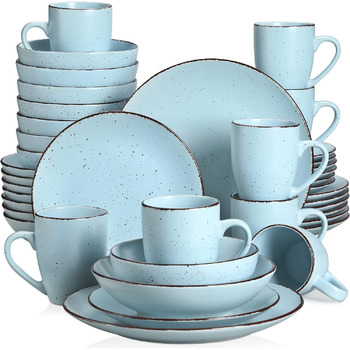 Столовый сервиз из керамогранита, набор посуды vancasso MODA, винтажный внешний вид, комбинированный сервиз из 40 предметов с 8 тарелками, тарелками для тортов, суповыми тарелками, мисками и чашками каждая (синий, 40 шт.)
