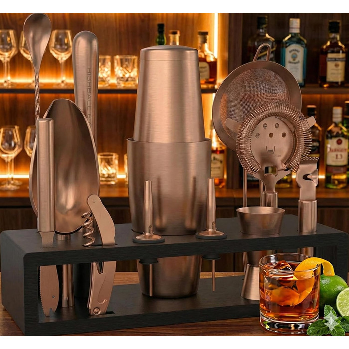 Набір бармена з чорною бамбуковою підставкою 11 предметів Highball & Chaser