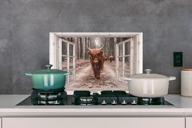 Панель кухонного фартуха, бризкозахисна панель, декор для кухні, алюмінієва панель, бризкозахисна панель для плити, альтернатива скляній панелі, чорна - з малюнком - суцільна - чорна - темна - (вид з вікна на шотландську високогірну худобу, 60x40 см)