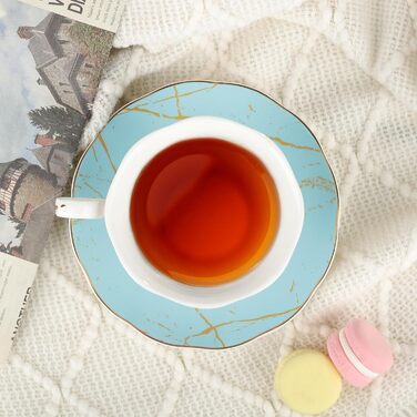 Чайні чашки з блюдцями fanquare з квітковим візерунком, набір з 6 шт. , різноманітні пастельні квіткові порцелянові кавові чашки з золотим обідком, придатні для миття в посудомийній машині та заморожування (рожеві та зелені)