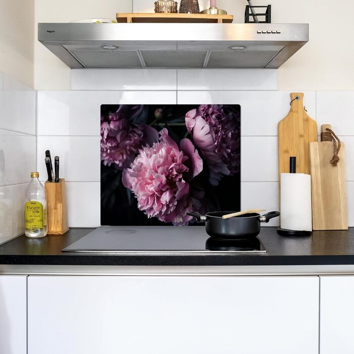 Фартух для плити, кухонний фартух, вініл, 78x52 см, декор для кухні, облицювання стіни, кришка для плити - сіро-чорна (квіти - рожеві, 52Д x 60Ш см)