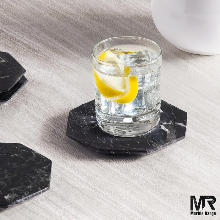 Підставки під чашки з оніксу, 8.9 см, ручної роботи, з підставкою, 6 шт. (Чорні) - для офісу, напоїв, кави, бару та обіднього столу