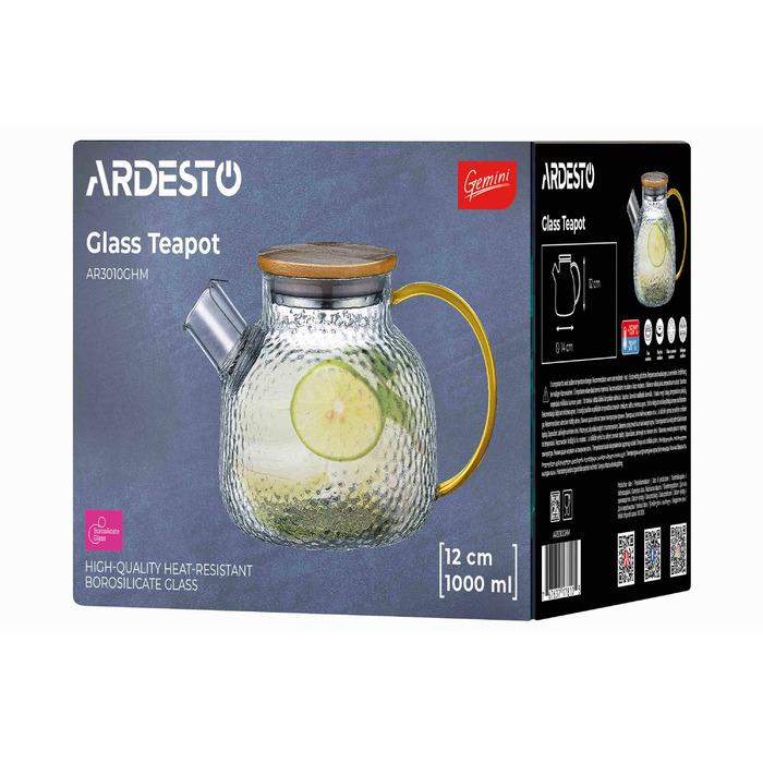 ARDESTO Заварник Gemini Dew 1000мл, боросилікатне скло, бамбук, прозорий