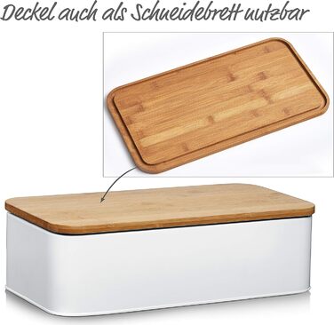 Хлібниця Zeller 25377 з бамбуковою кришкою, метал, матовий, приблизно 42,5 x 23 x 13 см, хлібниця з вентиляційними отворами, для зберігання хліба, прямокутний контейнер для хліба, проста хлібниця в сучасному дизайні (біла, 42,5 x 23 x 13 см)