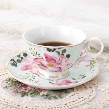 Чайні чашки з блюдцями Fanquare з квітковим візерунком, набір з 6 шт. , різноманітні порцелянові кавові чашки з пастельними квітковими принтами та золотим обідком, придатні для миття в посудомийній машині та заморожування, рожеві та блакитні