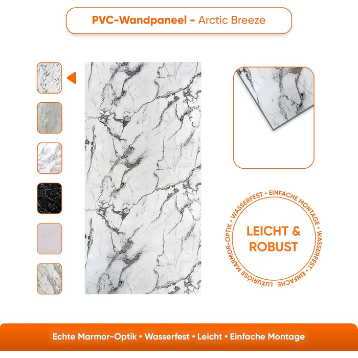 Стінові панелі IZODEKOR під мармур 60x120 см Панель для кухонного фартуха ПВХ-облицювання стін для кухні, ванної кімнати Бризкозахисний екран для кухні Водонепроникний та термостійкий (4 панелі 4 монтажних клею, Arctic Breeze)