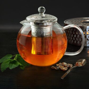 Стеклянный чайник Creano 1,3 л, стеклянный чайник из 3 частей со встроенным ситечком из нержавеющей стали и стеклянной крышкой, идеально подходит для приготовления чая наливом, без капель, все в одном (1,7 л подогреватель)