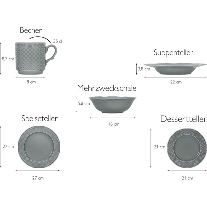 Набір посуду 4 на персони, 20 предметів, сірий Arianne Creatable