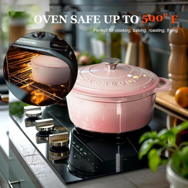 Чавунна форма для запікання Overmont Enamel - 26 см, придатна для використання в духовці, з кришкою та кулінарною книгою - для випікання, тушкування, запікання, білого кремового кольору (24 см-4,3 л, рожевого кольору)