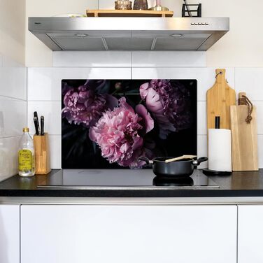 Фартух для плити, кухонний фартух, вініл, 78x52 см, декор для кухні, облицювання стіни, кришка для плити - сіро-чорна (квіти - рожеві, 51Д x 77Ш см)