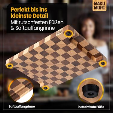 Премиум разделочная доска из цельного дерева, торцевая (End Grain) 40x29x3 см из карбонизированной акации, сертифицирована FSC, с ножками, желобком для сока и удобными ручками (двухцветная)