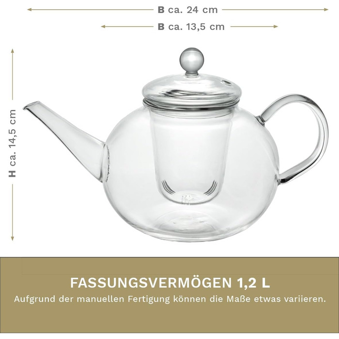 Скляний чайник Creano Glass Teapot з 3 частин із вбудованим ситечком з нержавіючої сталі та скляною кришкою, ідеально підходить для приготування сипучих чаїв, без крапель, універсальний (скляне ситечко 1.2 л)