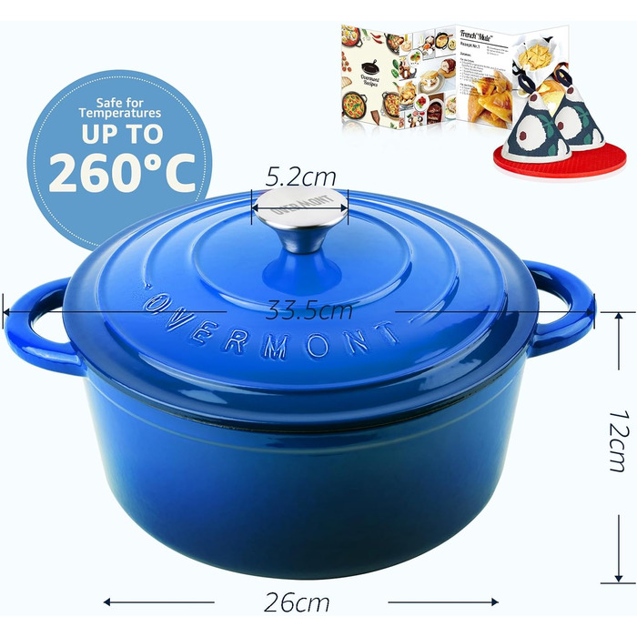 Чавунна форма для запікання Overmont Enamel - 26 см, придатна для використання в духовці, з кришкою та кулінарною книгою - для випікання, тушкування, запікання, білого кремового кольору (26 см-5,2 л, синього кольору)